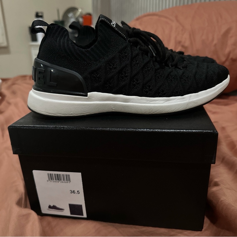 CHANEL Black and White Ribbed Knit Sneakers